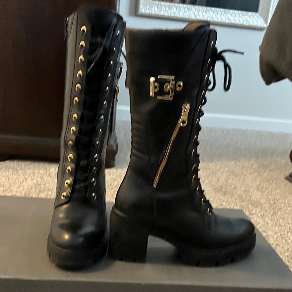 Black Lace-Up Boots with Gold Accents made in Italy.